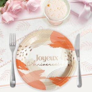 Pack de 6 assiettes jetables Party Blush avec un design élégant blanc à motifs abstraits et lignes dorées, ornées de la mention "Joyeux Anniversaire". Idéales pour des fêtes élégantes.
