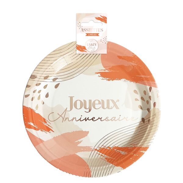 Pack de 6 assiettes jetables Party Blush avec un design élégant blanc à motifs abstraits et lignes dorées, ornées de la mention "Joyeux Anniversaire". Idéales pour des fêtes élégantes.