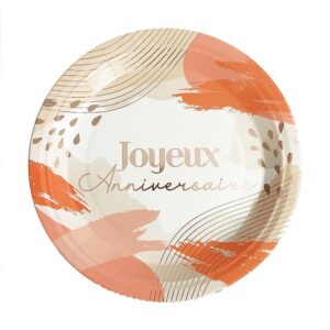 Pack de 6 assiettes jetables Party Blush avec un design élégant blanc à motifs abstraits et lignes dorées, ornées de la mention "Joyeux Anniversaire". Idéales pour des fêtes élégantes.