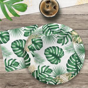 Lot de 12 serviettes anniversaire tropical avec motifs de feuilles exotiques, dimensions 33 cm dépliée et 16,5 cm pliée, en papier 100% recyclable.
