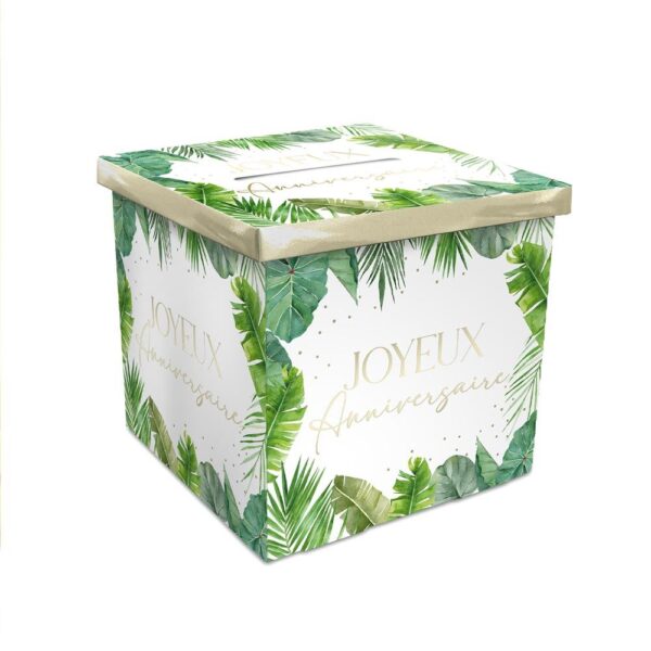 Urne d'anniversaire cubique blanche avec feuilles tropicales vertes et inscription "Joyeux Anniversaire", idéale pour recueillir les cartes et messages lors d'une fête d'anniversaire tropicale.