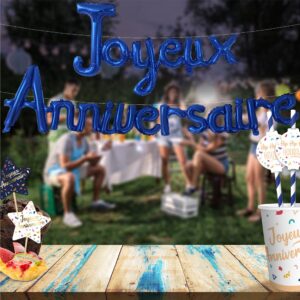 Guirlande gonflable en bleu nuit 'Joyeux anniversaire', longueur 300 cm, avec packaging de 24 cm x 20 cm.