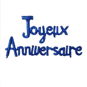 Guirlande gonflable en bleu nuit 'Joyeux anniversaire', longueur 300 cm, avec packaging de 24 cm x 20 cm.