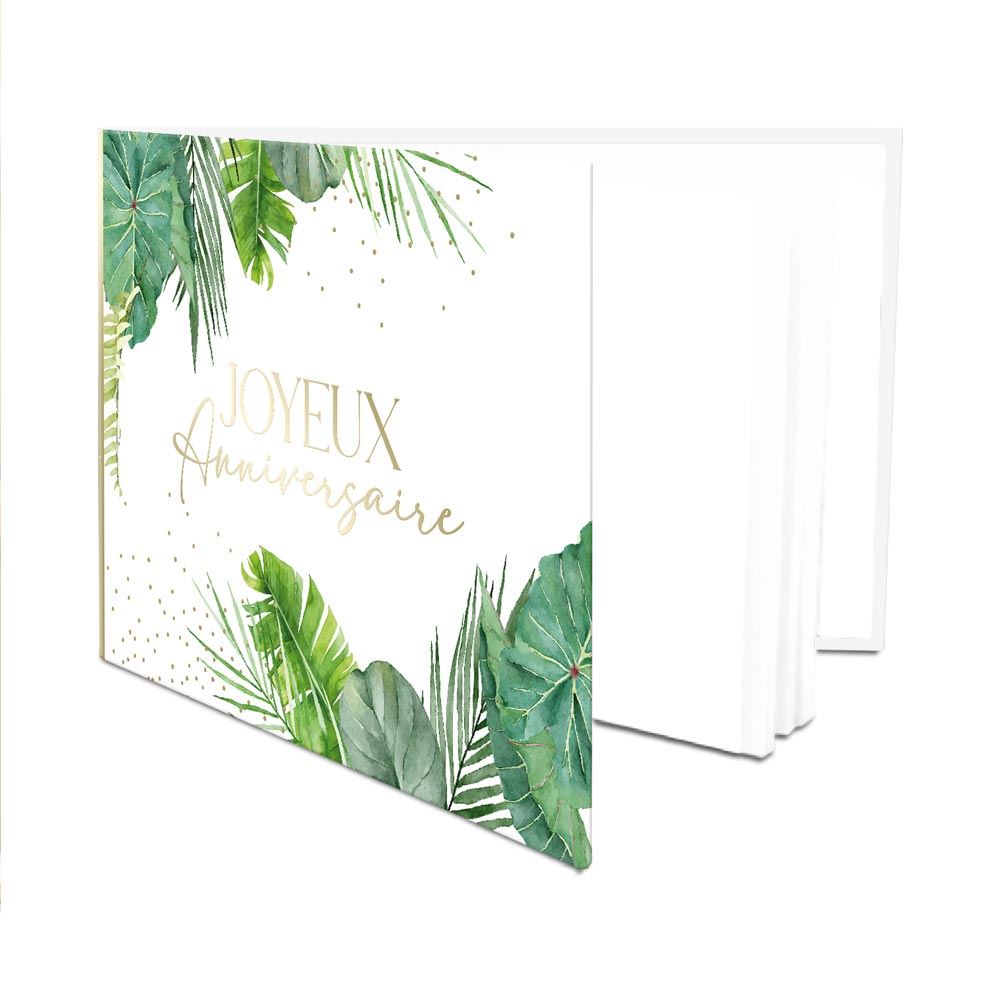 Ce livre d'or Anniversaire Tropical est l'accessoire indispensable pour conserver les plus beaux souvenirs de votre fête. Son design sobre et élégant, avec ses motifs de feuilles et son inscription "Joyeux Anniversaire" en lettres dorées, s'intègrera parfaitement à toutes les décorations de fête.