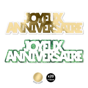 Sachet de 20 décorations de table tropicales avec inscription dorée 'Joyeux Anniversaire', longueur 12 cm.