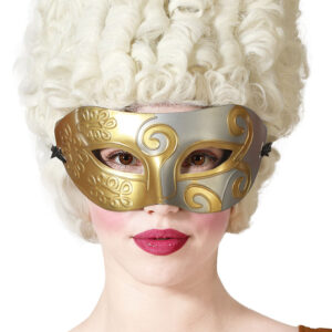 Masque élégant or et argent avec finitions brillantes, parfait pour des bals masqués, soirées à thème ou événements festifs.