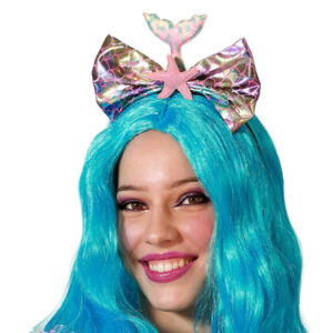 Serre-tête sirène avec queue scintillante, coquillages et perles, idéal pour compléter un déguisement lors de fêtes à thème ou de carnavals.