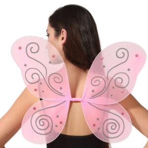 Ailes roses translucides avec motifs pailletés, idéales pour déguisements de fée, papillon ou ange lors de fêtes costumées ou carnavals.