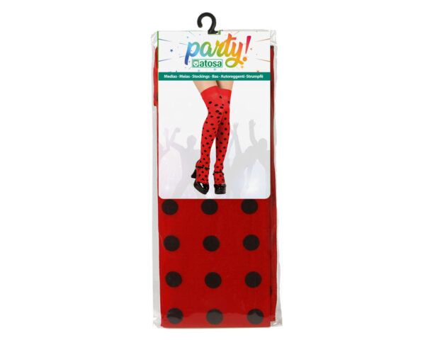 Bas coccinelle fabriqués en polyester et élasthanne, parfaits pour compléter un déguisement lors de fêtes à thème ou pour un look coloré.