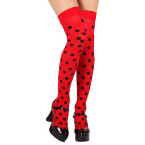 Bas coccinelle fabriqués en polyester et élasthanne, parfaits pour compléter un déguisement lors de fêtes à thème ou pour un look coloré.