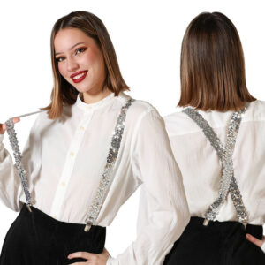 Bretelles avec sequins argentés scintillants, ajustables et parfaites pour ajouter une touche de glamour à un déguisement ou à une tenue de soirée.