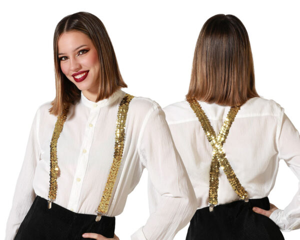Bretelles dorées à sequins brillants, ajustables, parfaites pour ajouter une touche éclatante et festive à une tenue de soirée ou un déguisement.