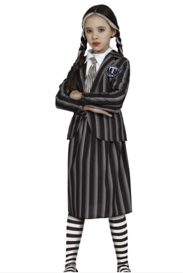 Gothic student costument rayé série mercredi film horreur étudiante