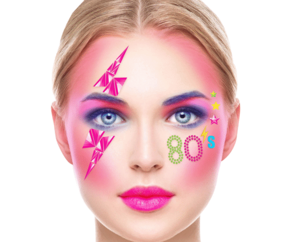 Bijoux de Visage Années 80 – Autocollants néon et géométriques inspirés des années 80 pour un look rétro et festif.