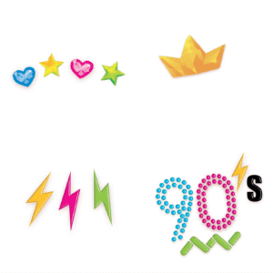 Bijoux de Visage Années 90 – Autocollants rétro et scintillants, inspirés des motifs iconiques des années 90 pour un look festif et stylé.