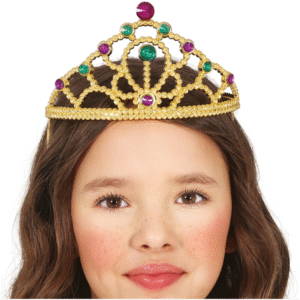 Diadème or avec pierres multicolores – Accessoire élégant pour déguisements de princesse ou reine, idéal pour carnavals et soirées à thème.