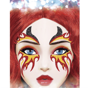 Maquillage Paillettes Flammes – Maquillage scintillant en paillettes pour créer des effets de flammes, parfait pour un look festif