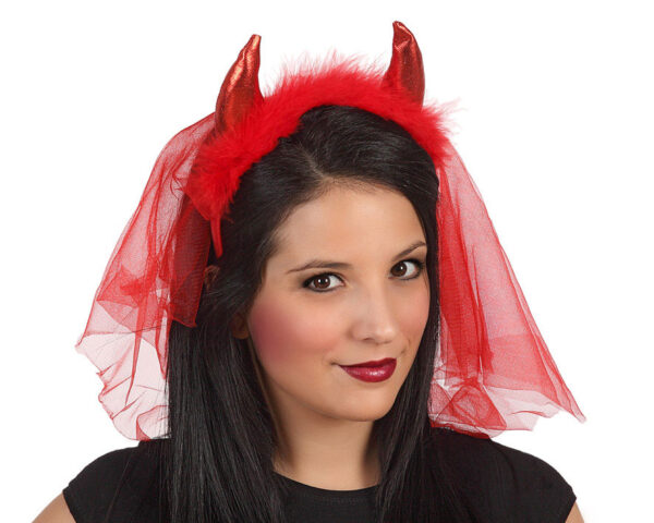 Serre tête corne diablesse avec voile rouge, halloween