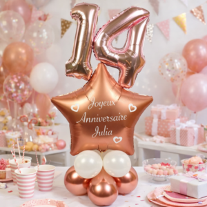 Marquez les esprits avec notre Structure de ballons personnalisée ! Inclus : chiffres géants et étoile avec prénom. Décoration Rose Gold idéale pour un anniversaire inoubliable.