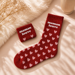 Revendiquez votre instinct protecteur avec les chaussettes paillettes "Maman Louve" ! Design rouge scintillant à motifs cœurs, le cadeau idéal pour toutes les super-mamans.