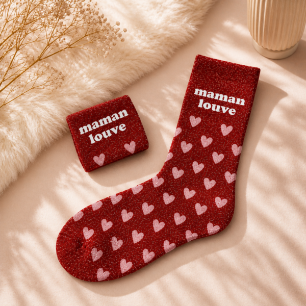 Revendiquez votre instinct protecteur avec les chaussettes paillettes "Maman Louve" ! Design rouge scintillant à motifs cœurs, le cadeau idéal pour toutes les super-mamans.