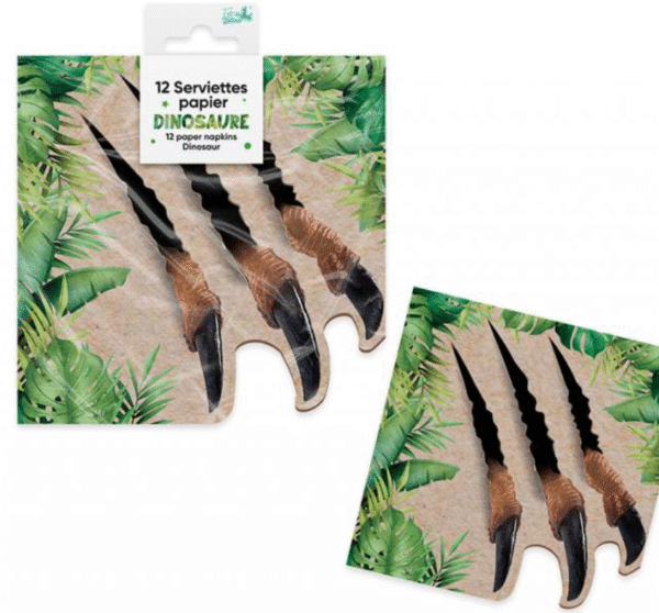 Lot de 12 serviettes en papier décor jungle, idéales pour les anniversaires d'enfants, les goûters et les fêtes sur le thème des dinosaures et de la préhistoire.