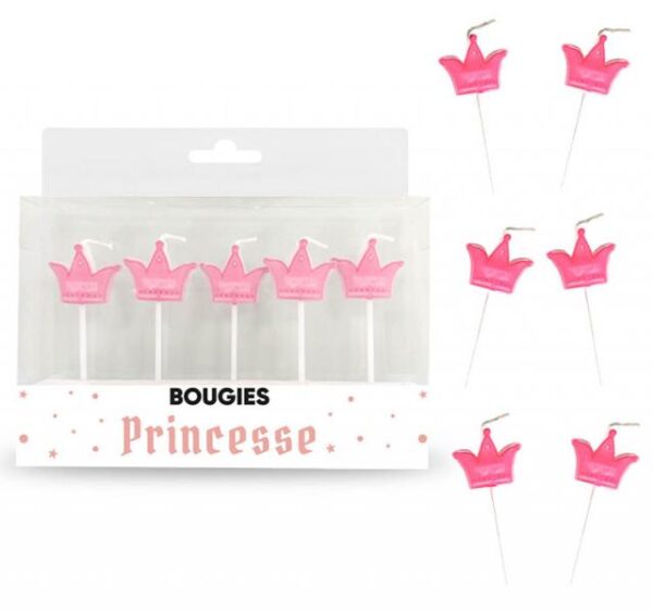 Lot de 5 bougies sur pics en forme de couronne rose, idéales pour la décoration de gâteau d'anniversaire sur le thème des princesses et des contes de fées