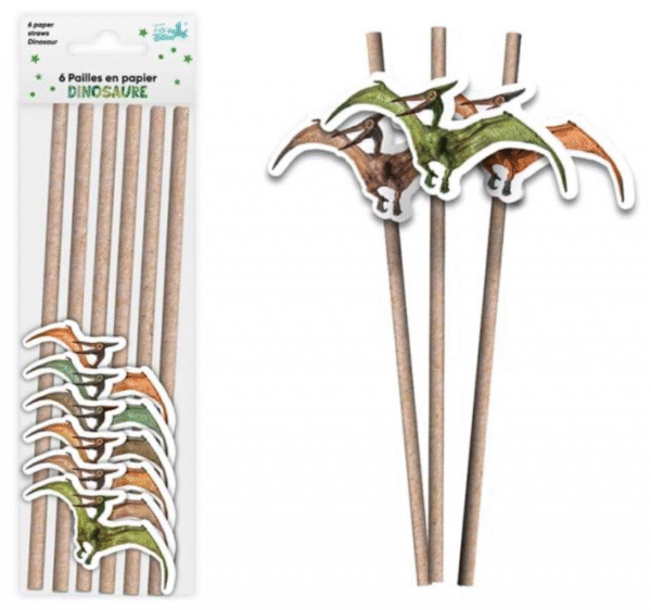 Lot de 6 pailles en papier biodégradable décorées de ptérodactyles multicolores, idéales pour les fêtes d'anniversaire sur le thème des dinosaures, les goûters et les pique-niques