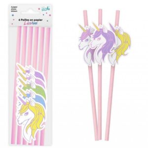 Lot de 6 pailles en papier biodégradable décorées de têtes de licorne aux couleurs pastel (blanc avec crinière rose, violette, jaune), idéales pour les anniversaires d'enfants, les baptêmes, les goûters et les fêtes sur le thème des licornes et des contes de fées