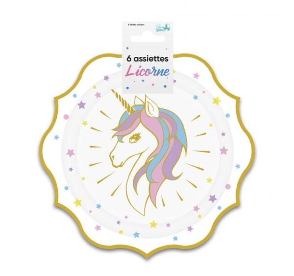 Lot de 6 assiettes en carton licorne de 20 cm de diamètre, motif tête de licorne avec crinière rose, bleue et violette, corne dorée, liseré doré et étoiles colorées, idéales pour les anniversaires d'enfants, les goûters et les fêtes sur le thème des licornes et de la féerie.