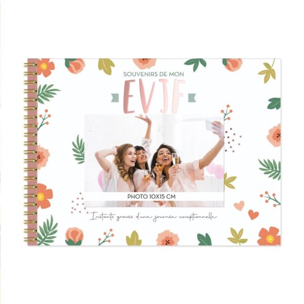 ALBUM PHOTO EVJF. Pour garder un souvenir impérissable d'un enterrement de vie de jeune fille, optez pour notre album photo EVJF ! Cet album photo en spirales de 20 x 27 cm possède 40 pages. Vous pouvez également personnaliser la 1ère de couverture avec une photo horizontale de 10 x 15 cm !