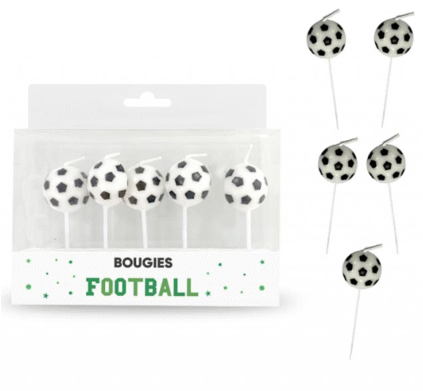Lot de 5 bougies sur pics en forme de ballon de football noir et blanc, idéales pour la décoration de gâteau d'anniversaire sur le thème du football ou du sport