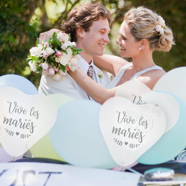 Ballons coeur blanc vive les mariés en latex