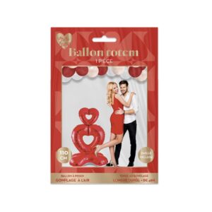 Ballon totem Saint Valentin rouge effet métallisé, 110 cm de hauteur, formant deux cœurs superposés, gonflage à l'air avec paille incluse pour une décoration romantique facile et rapide