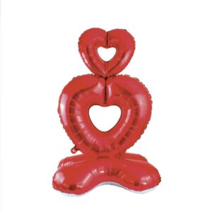Ballon totem Saint Valentin rouge effet métallisé, 110 cm de hauteur, formant deux cœurs superposés, gonflage à l'air avec paille incluse pour une décoration romantique facile et rapide