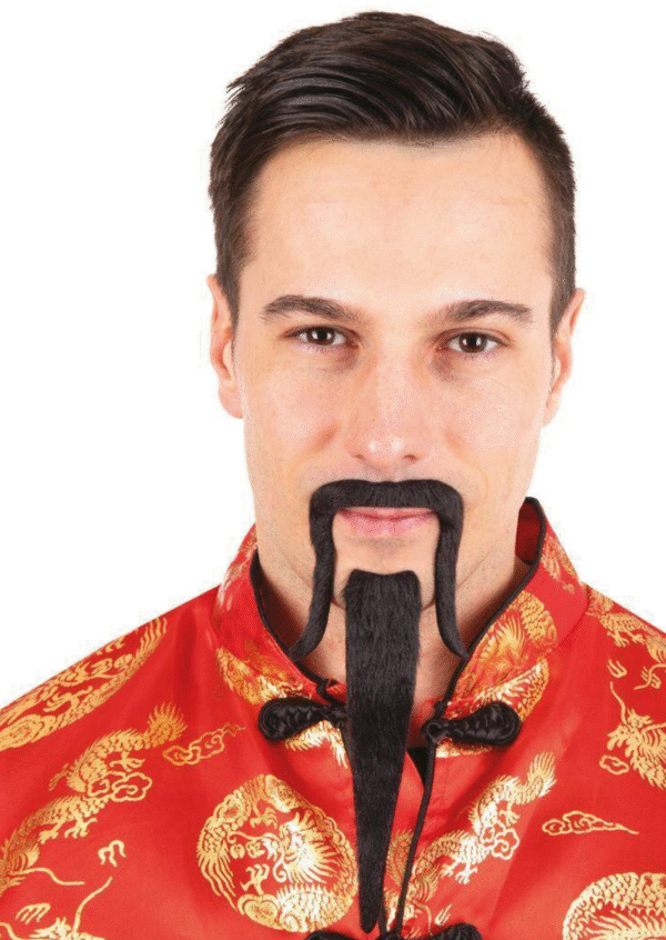 Barbe et moustache mandarin noires en fibres synthétiques avec fixation adhésive, style chinois traditionnel, accessoire de déguisement idéal pour les fêtes costumées, Halloween, Carnaval, les spectacles et les événements sur le thème de la Chine et de l'Asie