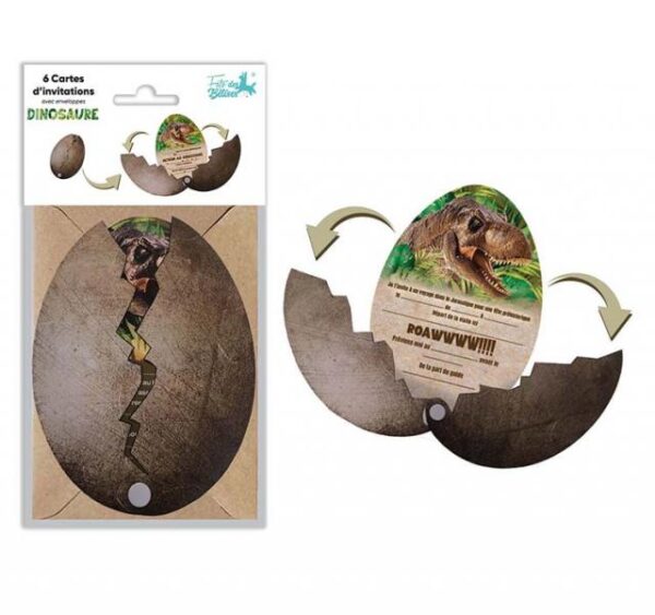 Lot de 6 cartes d'invitations en forme d'œuf de dinosaure craquelé, avec un message 'ROAWWWW!!!