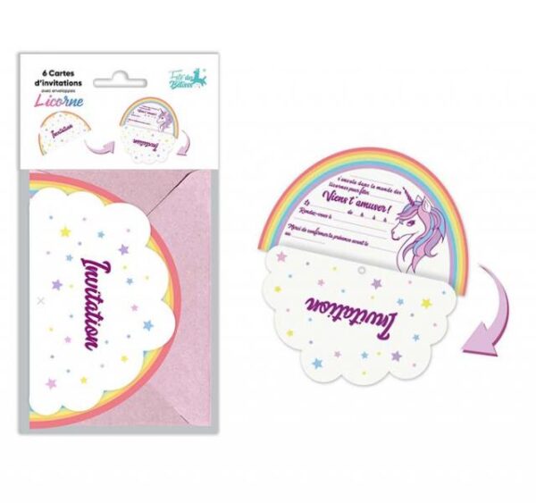 Lot de 6 cartes d'invitations en forme d'arc-en-ciel avec nuages, étoiles, motif licorne, espace d'écriture et enveloppes incluses, idéales pour les anniversaires d'enfants et les fêtes sur le thème des licornes et des contes de fées.