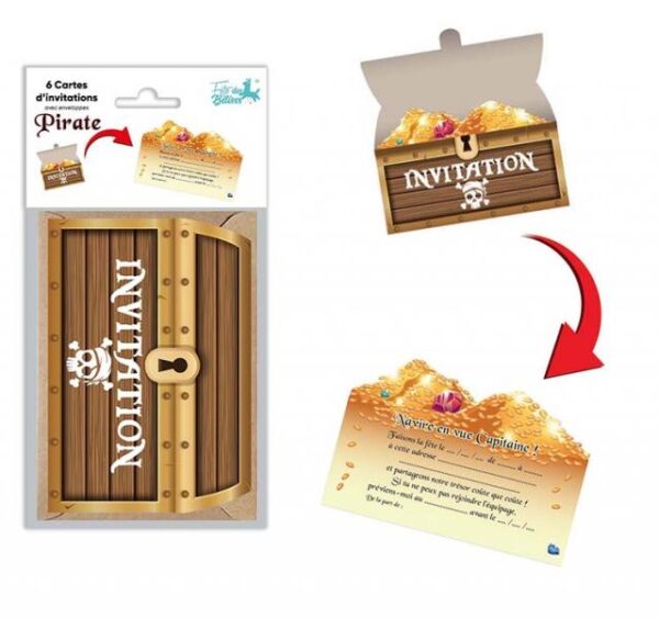 Lot de 6 cartes d'invitations en forme de coffre au trésor pirate avec message 'Navire en vue Capitaine !', espace d'écriture et enveloppes incluses, idéal pour les anniversaires d'enfants et les fêtes sur le thème des pirates et de la chasse au trésor