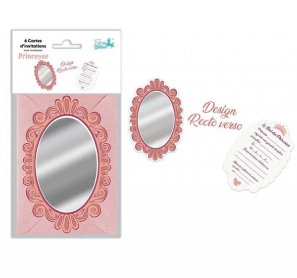 Lot de 6 cartes d'invitations en forme de miroir avec un design baroque, un message 'Le Bal des Princesses', un espace d'écriture et enveloppes incluses, idéal pour les anniversaires d'enfants et les fêtes sur le thème des princesses et des contes de fées