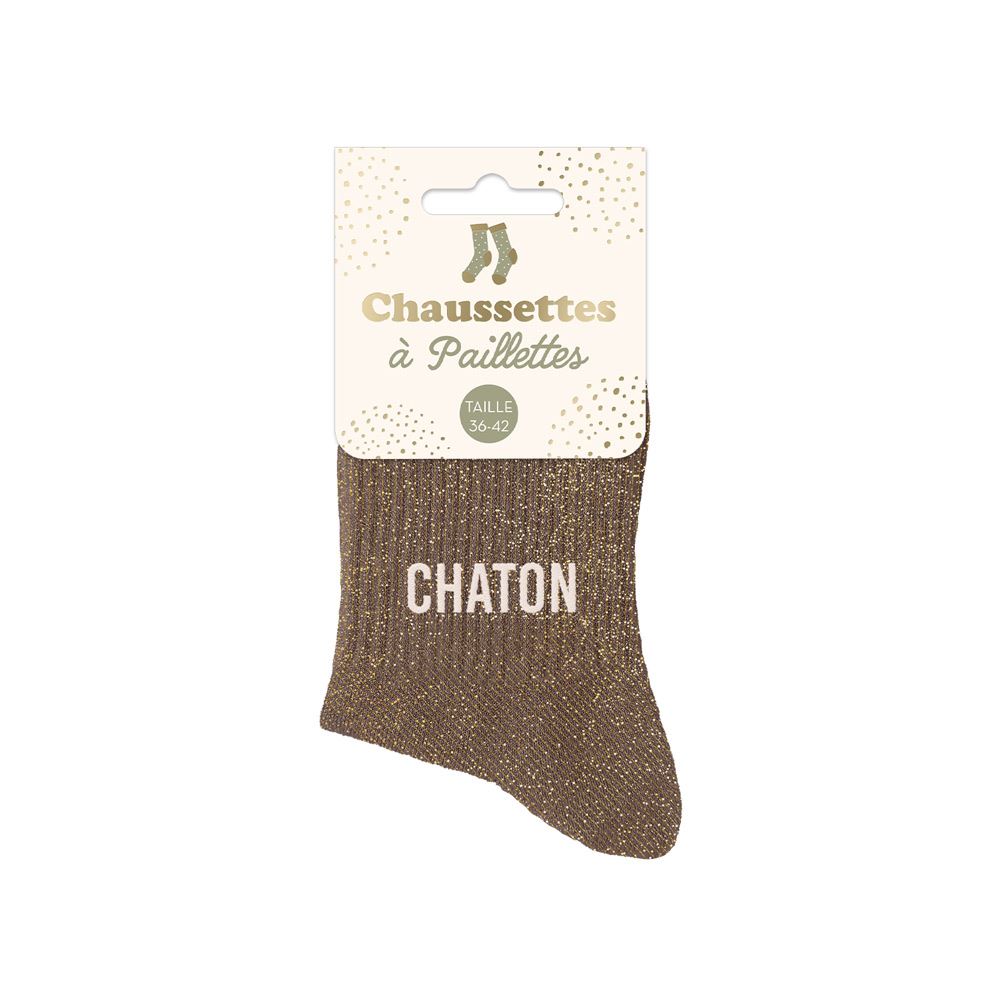 Ces chaussettes marrons à paillettes avec la mention "Chaton