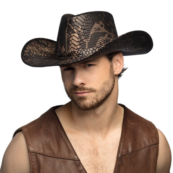 Chapeau de cowboy à motif cobra en feutrine. Accessoire de déguisement idéal pour une soirée à thème Far West, un carnaval ou Halloween