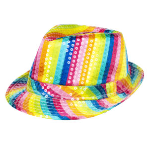 Chapeau Popstar à sequins arc-en-ciel en tissu recouvert de paillettes. Accessoire de déguisement idéal pour une soirée à thème pop, un carnaval ou Halloween