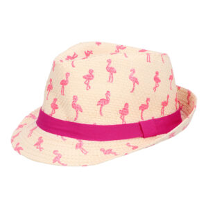 Chapeau Trilby Sparkling Flamants en tissu imprimé flamants roses avec paillettes. Accessoire de déguisement idéal pour une soirée à thème tropical, un carnaval ou Halloween