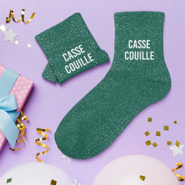Chaussettes courtes à paillettes vertes avec inscription 'Casse Couilles', taille unique 36-42, idéales pour un look original, impertinent, estival et plein d'humour