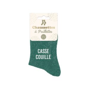 Chaussettes courtes à paillettes vertes avec inscription 'Casse Couilles', taille unique 36-42, idéales pour un look original, impertinent, estival et plein d'humour