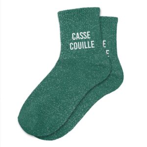 Chaussettes courtes à paillettes vertes avec inscription 'Casse Couilles', taille unique 36-42, idéales pour un look original, impertinent, estival et plein d'humour