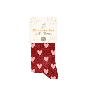 Chaussettes courtes rouges à paillettes avec motif cœur, taille unique 36-42, idéales pour un look romantique, festif et original, parfaites pour la Saint-Valentin et les occasions spéciales.