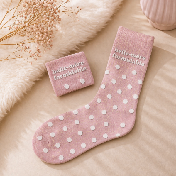 Offrez un cadeau scintillant avec les chaussettes paillettes "Belle-Mère Formidable" ! Un design rose à pois dorés, parfait pour célébrer votre belle-maman avec style et humour.