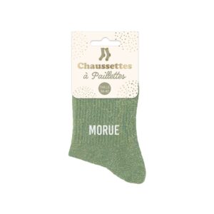 Chaussettes courtes à paillettes vert de gris avec inscription 'Morue', taille unique 36-42, idéales pour un look original, humoristique et estival.